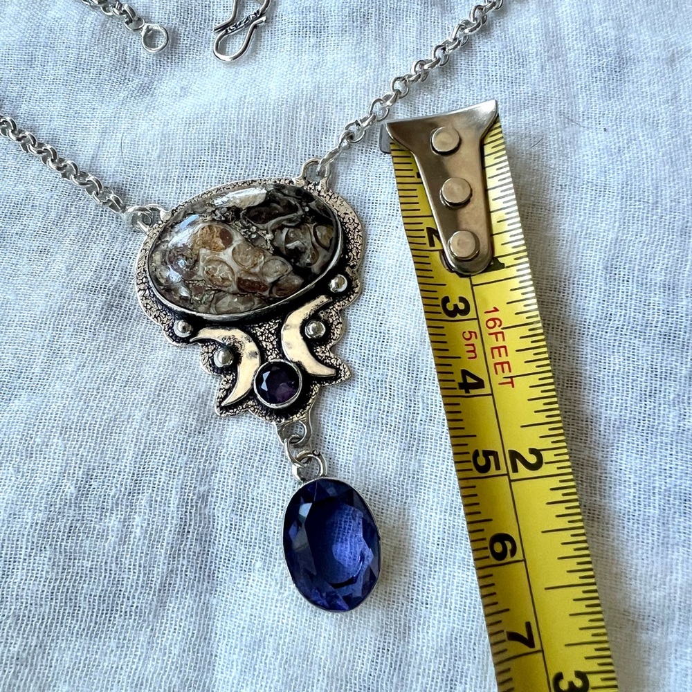 925 WOW WOW! Turitella Fossil Luna Moon Necklace - Picture 5 of 11